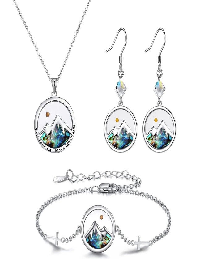 OIDEA Mustard Seed Necklace Jewelry Set: Womens Abalone Mustard Seed Necklace Bracelet Earrings Mountain Cross Bracelet Round Dangle Earrings Religious Christian Faith Jewelry Gifts - Image 1
