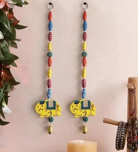SolSha SolSha Home Decor Wall Hangings with Toran Elephant Latkans and Bells for Home Wedding Stage Backdrop and Festive Decoration Yellow Pack of 2 - Image 2