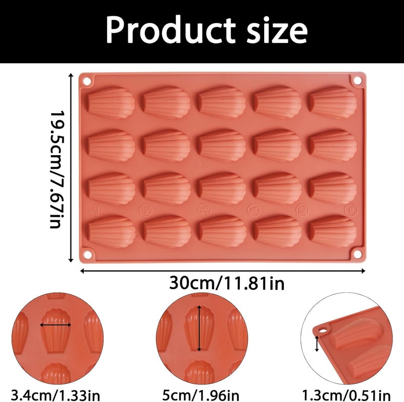 Fchil Madeleine Silicone Baking Mold, 20-Cavity Nonstick Shell Shaped Silicone Pan, Madeleine Cookie Pan for Cake Chocolate Candy (11.8 x 7.6 x 0.5 inches), Terracotta - Image 2