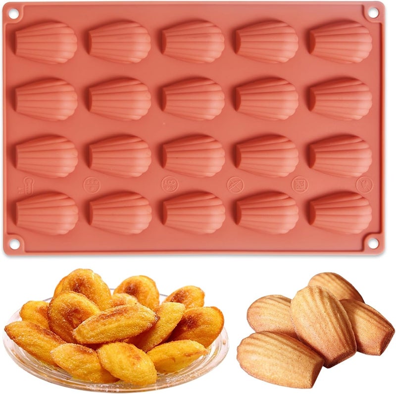 Fchil Madeleine Silicone Baking Mold, 20-Cavity Nonstick Shell Shaped Silicone Pan, Madeleine Cookie Pan for Cake Chocolate Candy (11.8 x 7.6 x 0.5 inches), Terracotta - Image 1