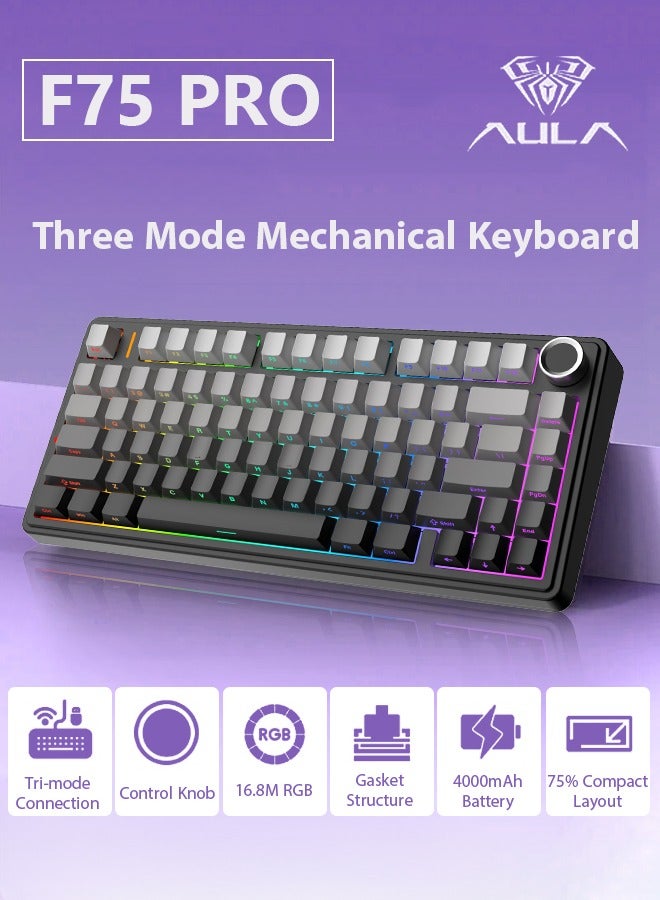 AULA F75 PRO Gaming Keyboard 75% Mechanical Keyboard Gasket Hot Swappable Custom Keyboard RGB Backlit with Five-Layer Padding, ide Printed PBT Keycaps Bluetooth/2.4GHz/USB-C, Mechanical Gaming Keyboard Hot Swappable, Knob, RGB, Reaper Switches Keyboard for Gamers(Gradient Black) - Image 1