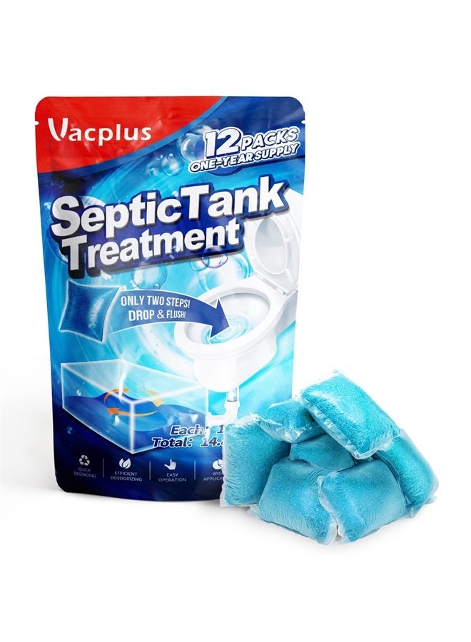 Vacplus علاج خزان الصرف الصحي 12 قطعة لتوريد لمدة عام، عبوات قابلة للذوبان مع عملية سهلة، إنزيمات قابلة للتحلل البيولوجي متينة للنفايات والزيوت والروائح - Image 1