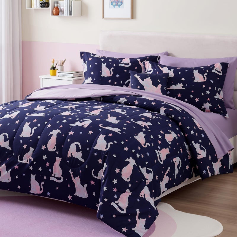 Kaleido Space Twin Comforter Set for Girls -3 Pieces Cute Cat Twin XL Bedding Set with 1 Comforter, 1 Decor Pillow, 1 Pillow Sham - Image 2
