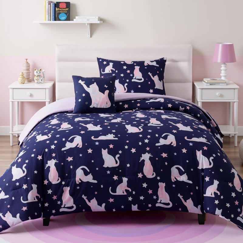 Kaleido Space Twin Comforter Set for Girls -3 Pieces Cute Cat Twin XL Bedding Set with 1 Comforter, 1 Decor Pillow, 1 Pillow Sham - Image 1