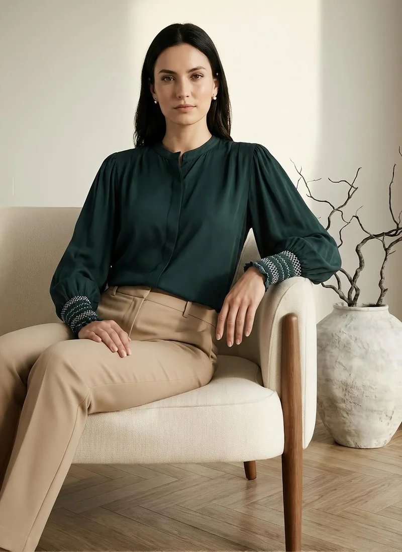 جلو باص Globus Women's Green Casual Shirt with Mandarin Collar and Thread Work Elasticated Cuff Sleeves
