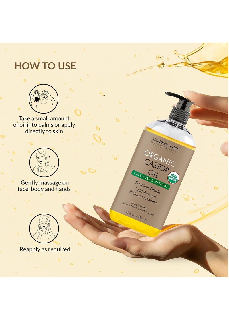 ماجستيك بيور ماجيستيك زيت الخروع العضوي النقي النقي | زجاجة ضخمة سعة 473 مل | معصور على البارد | نقي 100% وخالٍ من الهكسان | يحفز نمو الشعر والرموش والحواجب والأظافر | مرطب ومغذي | للجسم والشعر - Image 4