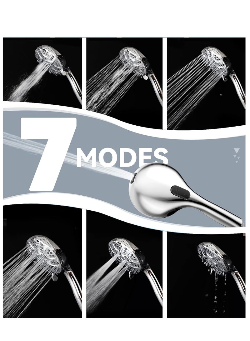 Shower Head with Handheld High Pressure Handheld Shower Head 7 Settings Detachable Shower Head Set with Stainless Steel Hose and Shower Bracket Chrome - Image 3