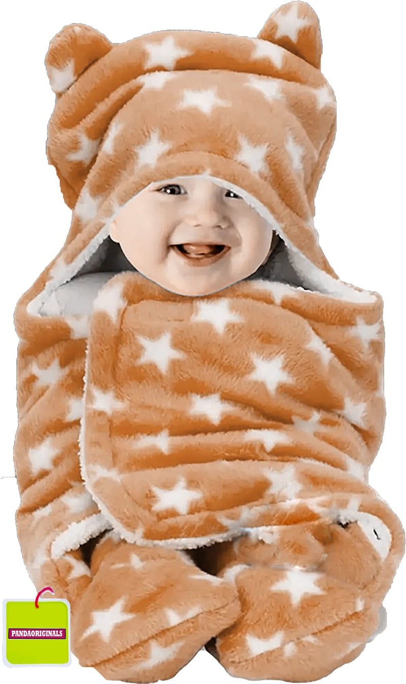 Pandaoriginals Baby Towel Bathrobe Hooded Blanket Wrapper | Hooded 3-in-1 Towel for New Born | Hooded Bath Towel | Hooded Sleeping Bag | Baby Towel for 1-2 Years | Blanket for Kids (Brown Star) - Image 1