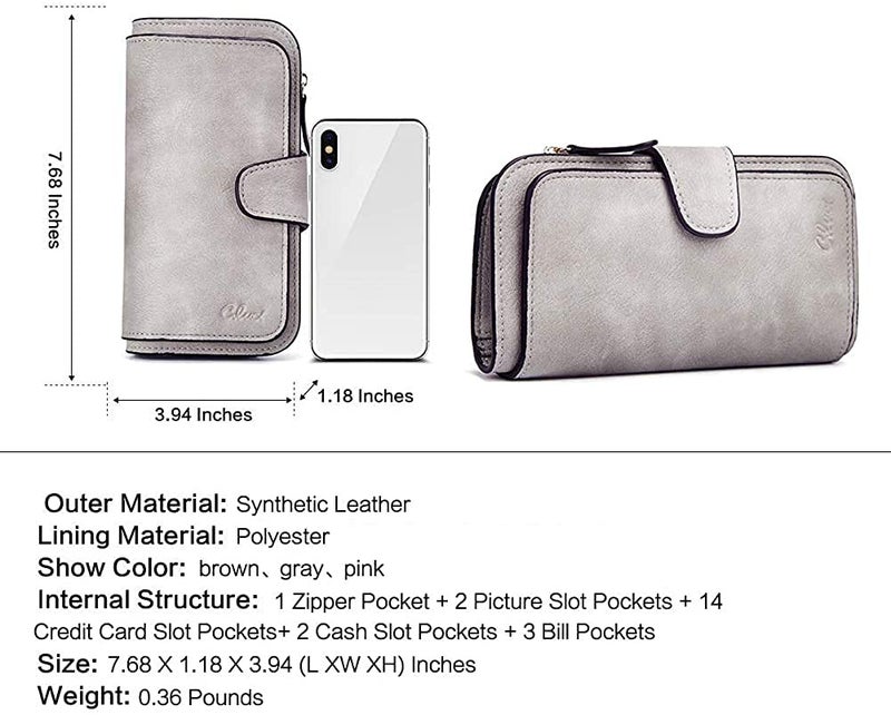 CLUCI Women Wallet Leather RFID Blocking Designer Trifold Card Holder Ladies Clutch with ID Window Gray - Image 3