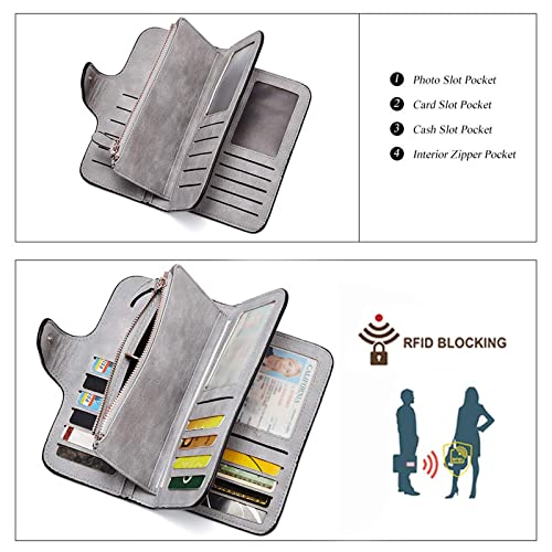 CLUCI Women Wallet Leather RFID Blocking Designer Trifold Card Holder Ladies Clutch with ID Window Gray - Image 4