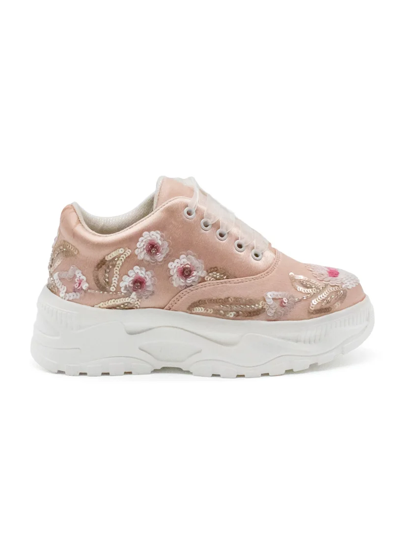 RETTROSE The Vivian Luxury Sunset Pink Satin Handmade Embellished Sneaker