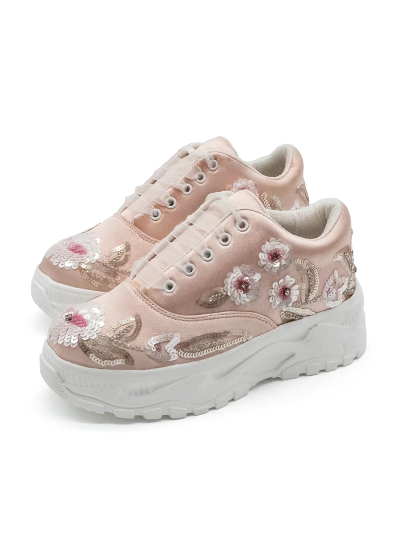 RETTROSE The Vivian Luxury Sunset Pink Satin Handmade Embellished Sneaker