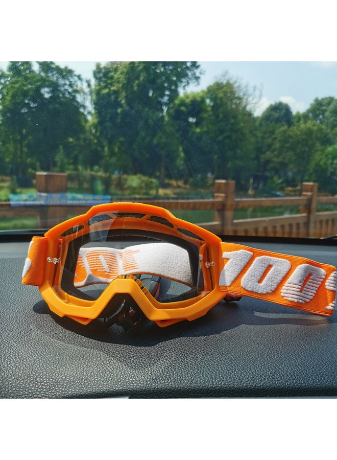 Pitscottfox 100 Motorcycle Off-Road Helmet Goggles Dustproof Sandproof, Orange Frame White Transparent Film