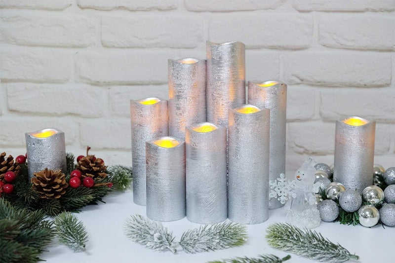Eldnacele Eldnacele Flameless Candles Flickering LED Silver Pillar Candles Warm White Set of 9H4 5 6 7 8 9 x D22 Electric Unscented Wax Silver Coated Battery Candle with Remote Timer for Home Deco  - Image 4