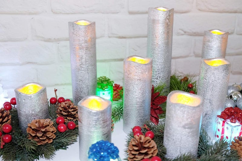 Eldnacele Eldnacele Flameless Candles Flickering LED Silver Pillar Candles Warm White Set of 9H4 5 6 7 8 9 x D22 Electric Unscented Wax Silver Coated Battery Candle with Remote Timer for Home Deco  - Image 5