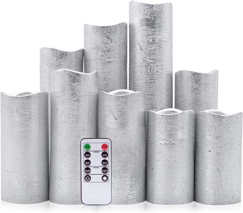 Eldnacele Eldnacele Flameless Candles Flickering LED Silver Pillar Candles Warm White Set of 9H4 5 6 7 8 9 x D22 Electric Unscented Wax Silver Coated Battery Candle with Remote Timer for Home Deco  - Image 1
