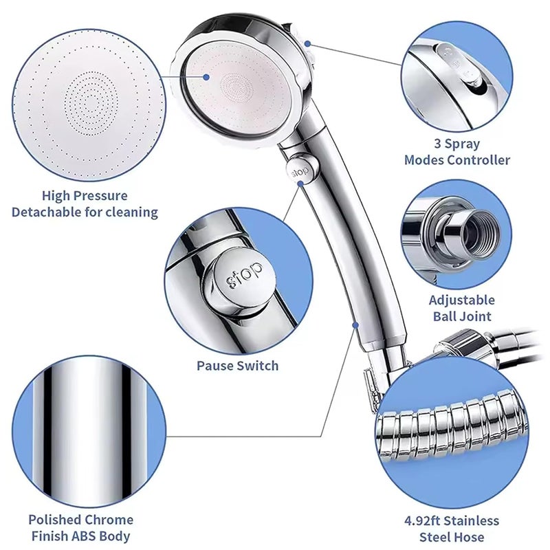 Hexwell Rain Shower Head for Bathroom 3 Types Flow handheld Shower Head with 15 Meter Shower Hose Pipe and Wall Hook High Pressure Silver - Image 2