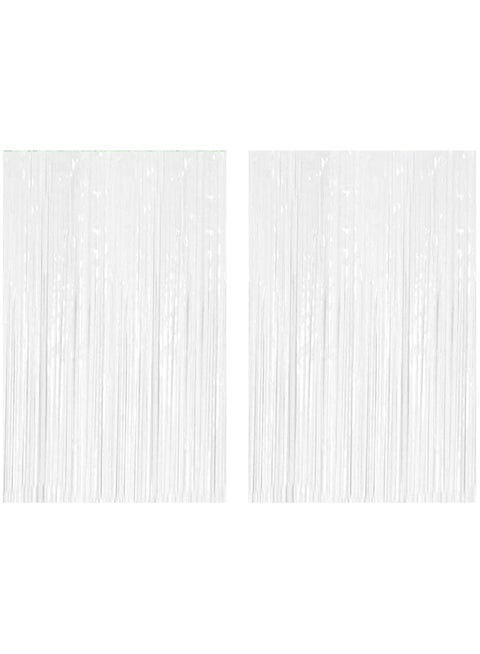 White Foil Fringe Curtain | 1 x 2-meter Metallic Tinsel Streamers Party Backdrop for Halloween, Baby Shower, Wedding, Eid, Graduation, Birthday Party Decorations [Pack of 2]