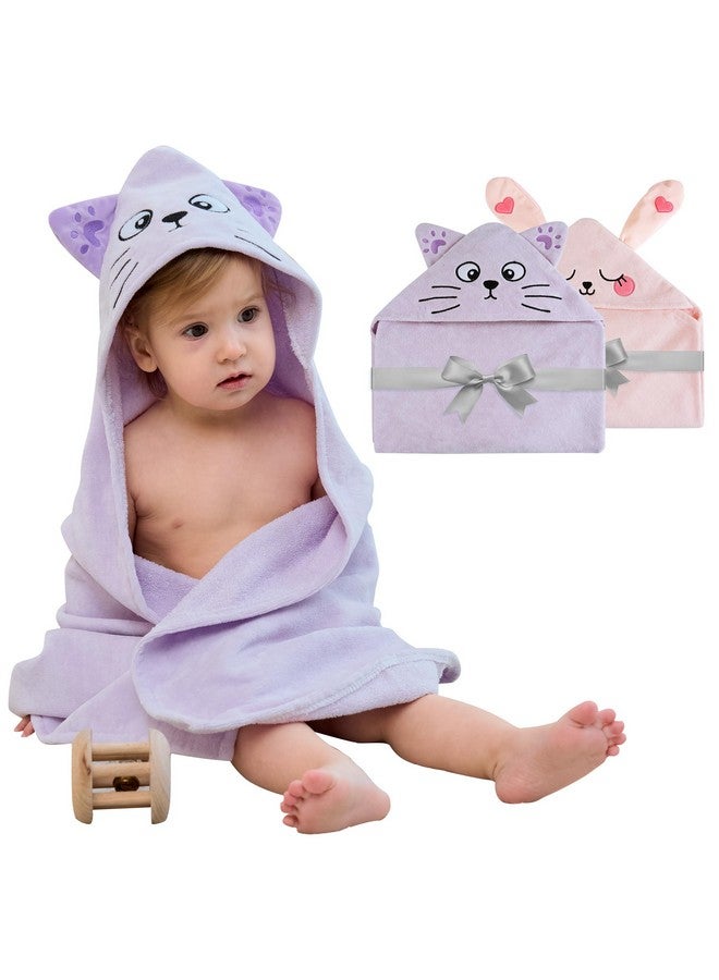 Viviland 2 Pack Hooded Baby Towels, Soft 100% Cotton Baby Bath Towels with Hood, Extra Thick and Absorbent, Essential for Newborns, Kids, Infants - Girls and Boys (Cat & Rabbit) - Image 1