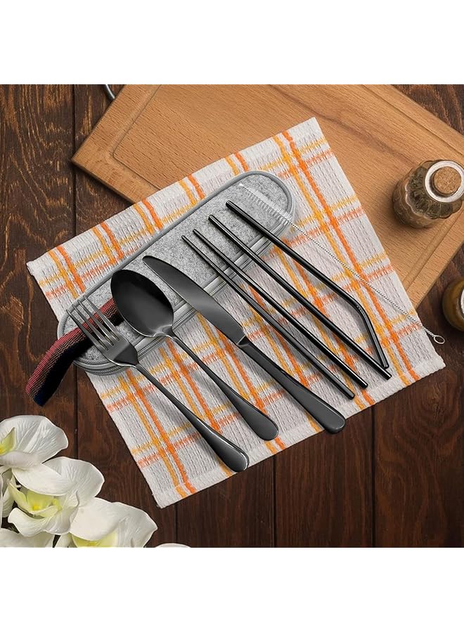 JZS Portable Utensils 8 Piece Travel Camping Cutlery Set Stainless Steel Flatware Set Including Knife Fork Spoon Chopsticks Cleaning Brush Straws with Portable Case Not Easy to Fade - Image 3