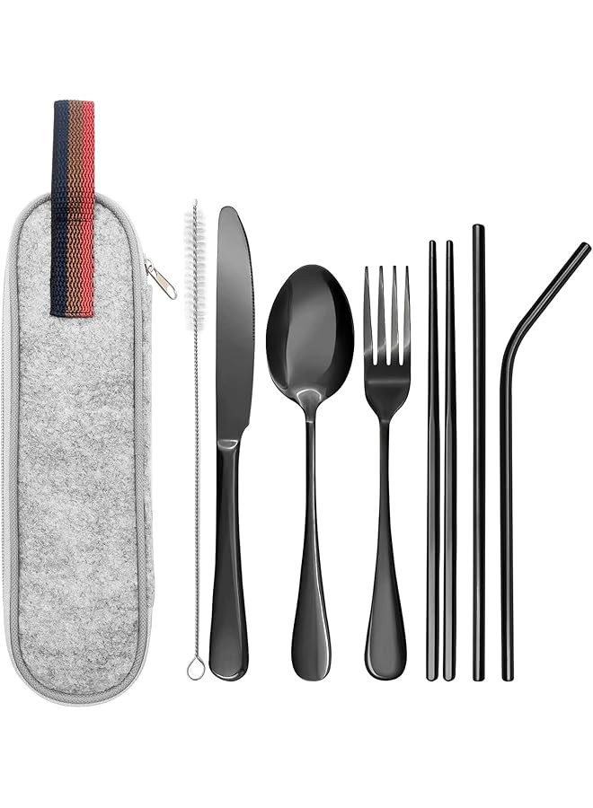 JZS Portable Utensils 8 Piece Travel Camping Cutlery Set Stainless Steel Flatware Set Including Knife Fork Spoon Chopsticks Cleaning Brush Straws with Portable Case Not Easy to Fade - Image 1