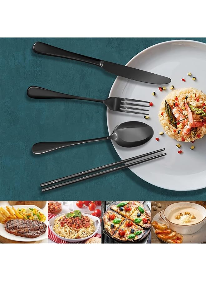 JZS Portable Utensils 8 Piece Travel Camping Cutlery Set Stainless Steel Flatware Set Including Knife Fork Spoon Chopsticks Cleaning Brush Straws with Portable Case Not Easy to Fade - Image 2