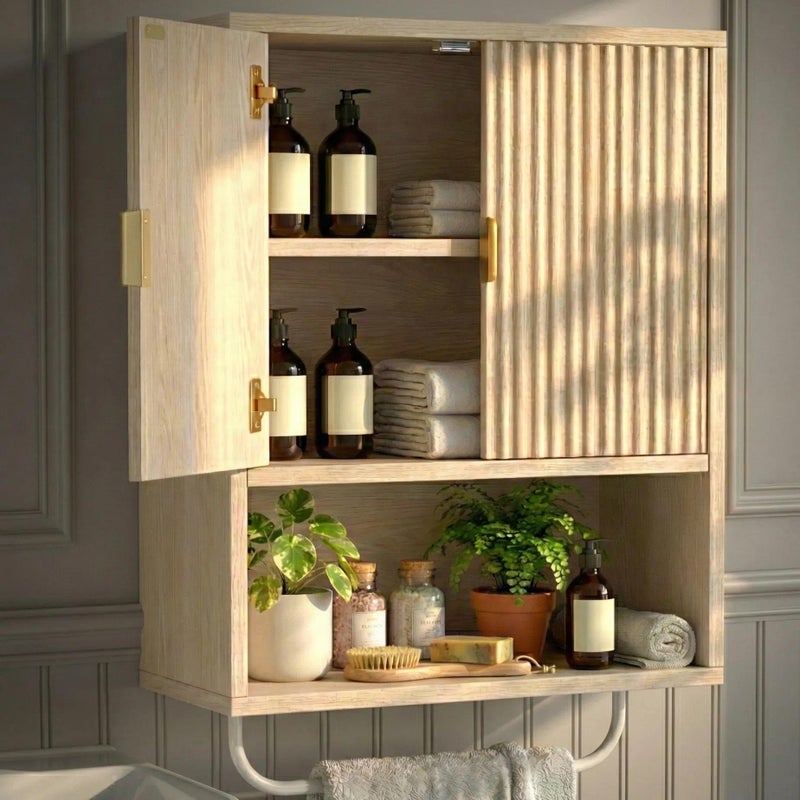 KAI-ROAD Bathroom Wall Cabinet No Mirror â€“ Fluted Wood Medicine Cabinet with Towel Bar, Surface Mount Storage Organizer Over Toilet, Rustic Farmhouse Hanging Cupboard with Doors for Over Sink (Natural Oak) - Image 1