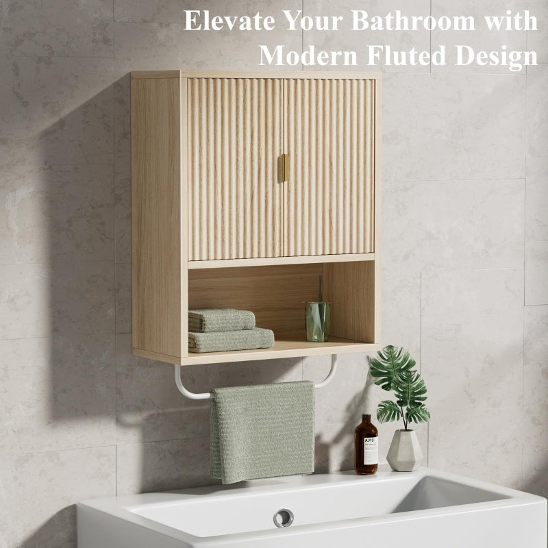KAI-ROAD Bathroom Wall Cabinet No Mirror â€“ Fluted Wood Medicine Cabinet with Towel Bar, Surface Mount Storage Organizer Over Toilet, Rustic Farmhouse Hanging Cupboard with Doors for Over Sink (Natural Oak) - Image 2
