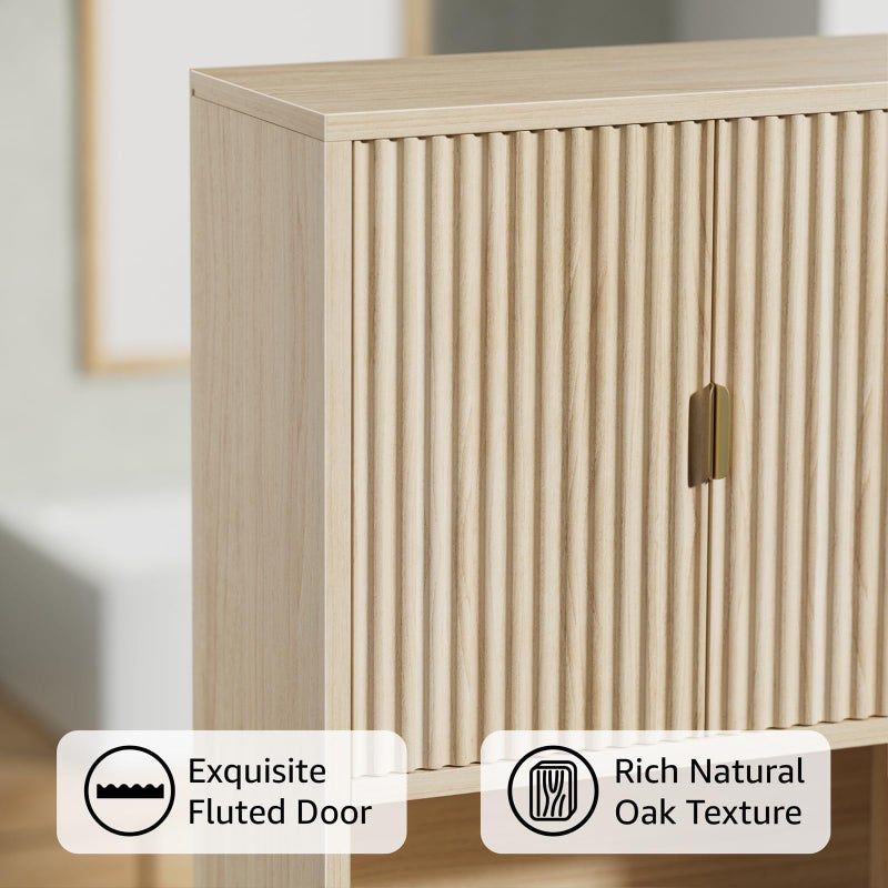 KAI-ROAD Bathroom Wall Cabinet No Mirror â€“ Fluted Wood Medicine Cabinet with Towel Bar, Surface Mount Storage Organizer Over Toilet, Rustic Farmhouse Hanging Cupboard with Doors for Over Sink (Natural Oak) - Image 3