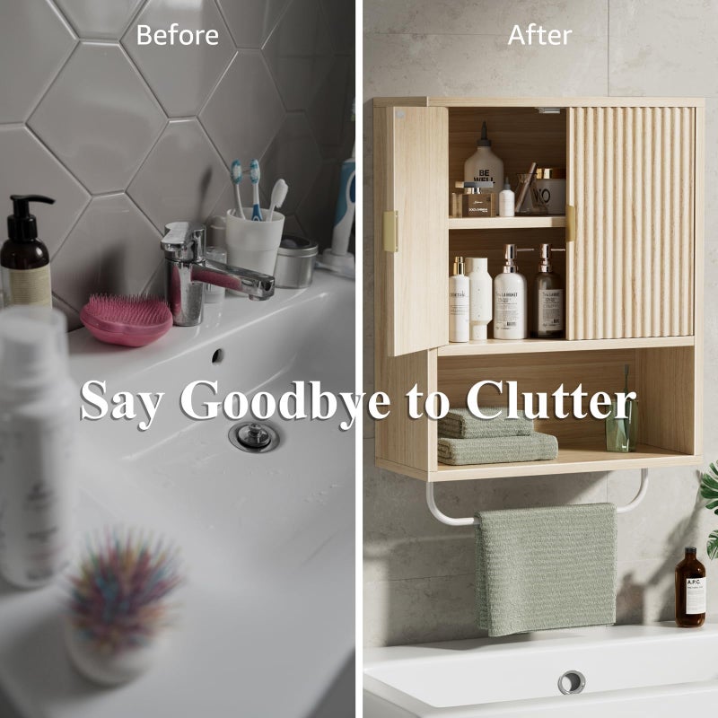 KAI-ROAD Bathroom Wall Cabinet No Mirror â€“ Fluted Wood Medicine Cabinet with Towel Bar, Surface Mount Storage Organizer Over Toilet, Rustic Farmhouse Hanging Cupboard with Doors for Over Sink (Natural Oak) - Image 5