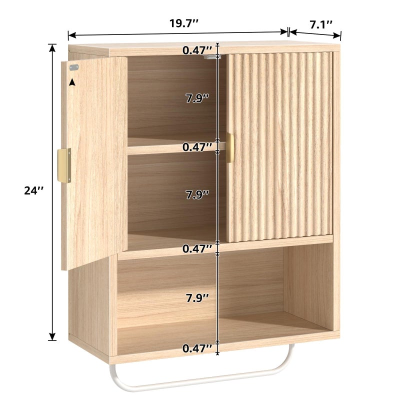 KAI-ROAD Bathroom Wall Cabinet No Mirror â€“ Fluted Wood Medicine Cabinet with Towel Bar, Surface Mount Storage Organizer Over Toilet, Rustic Farmhouse Hanging Cupboard with Doors for Over Sink (Natural Oak) - Image 4