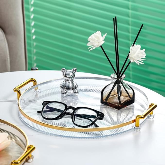 VPGS Serving Tray with Golden Handles, Acrylic Decorative Tray Round Coffee Table Tray, Luxury Display Tray Serving Platter for Home, Restaurant, Table, Bar Drinks, Breakfast, Fruit - Image 1