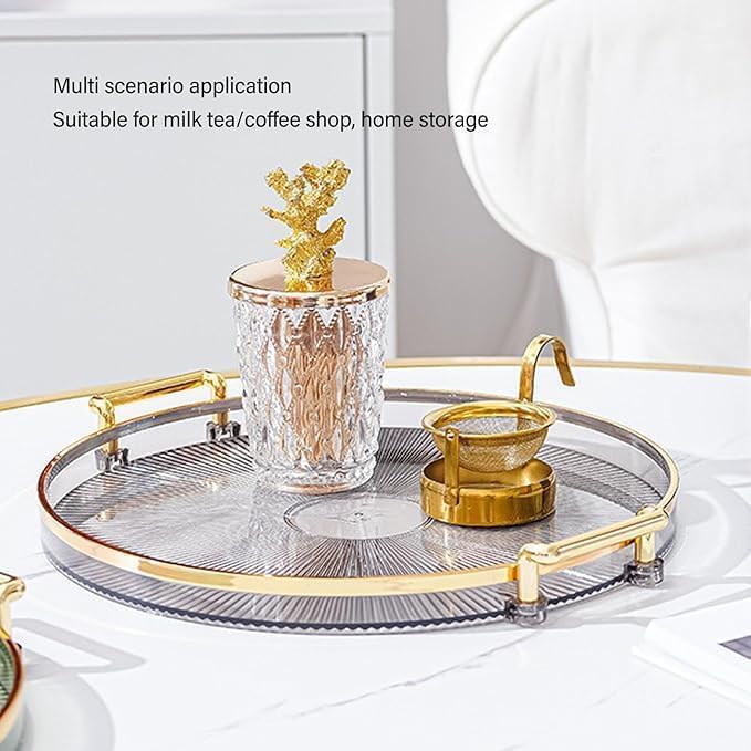 VPGS Serving Tray with Golden Handles, Acrylic Decorative Tray Round Coffee Table Tray, Luxury Display Tray Serving Platter for Home, Restaurant, Table, Bar Drinks, Breakfast, Fruit - Image 3