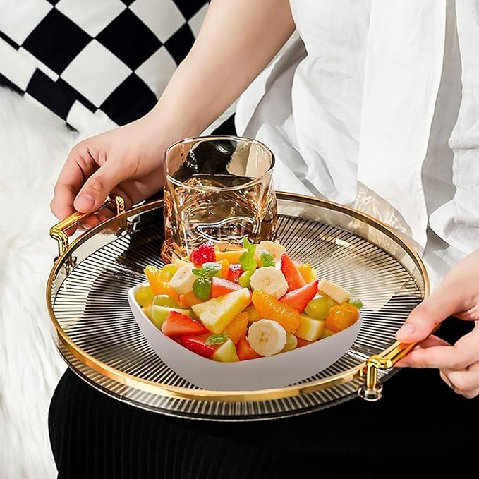 VPGS Serving Tray with Golden Handles, Acrylic Decorative Tray Round Coffee Table Tray, Luxury Display Tray Serving Platter for Home, Restaurant, Table, Bar Drinks, Breakfast, Fruit - Image 2
