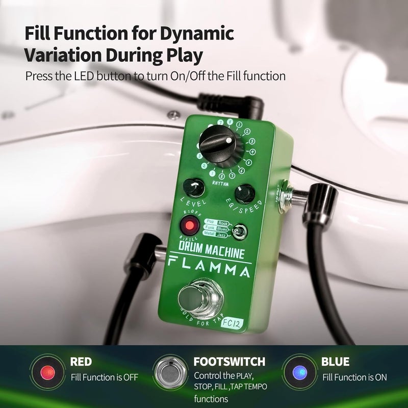FLAMMA FC12 Drum Machine Guitar Pedal Drum Pedal with Real-Time FILL Function, Guitar Effect Pedal with 48 Drum Grooves 6 Music Styles & Tap Tempo EQ Presets, 44.1kHz/24Bit Mini Pedal - Image 5