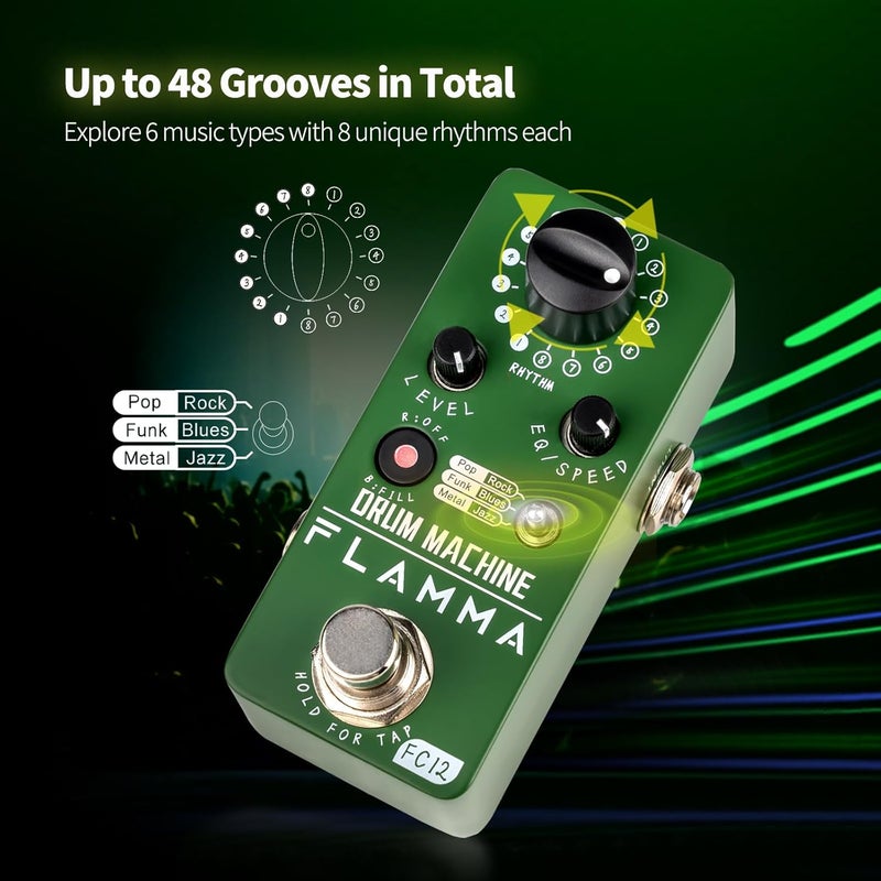 FLAMMA FC12 Drum Machine Guitar Pedal Drum Pedal with Real-Time FILL Function, Guitar Effect Pedal with 48 Drum Grooves 6 Music Styles & Tap Tempo EQ Presets, 44.1kHz/24Bit Mini Pedal - Image 2