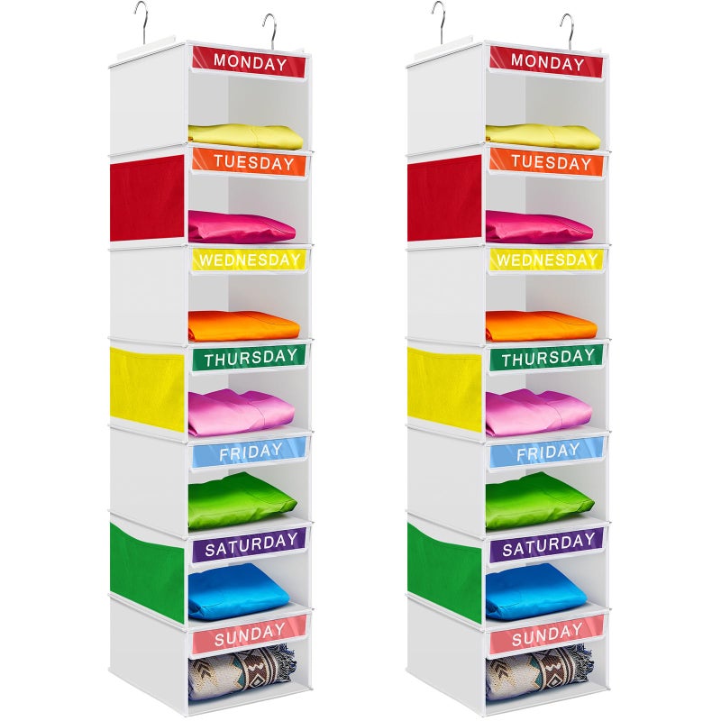 Amylove 2 Pcs 7 Shelf Weekly Clothes Organizer for Kids Hanging Closet Organizer 11 8 x 11 8 x 50 Inches Daily Activity Kids Clothes Storage Drawers Cube Drawers Closet Hanging ShelvesWhite