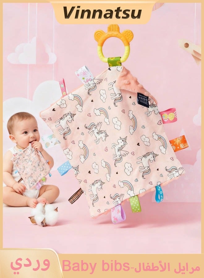 Vinnatsu Baby Bibs , Baby Comforter with Teether and Label Burp Cloths Baby Boy & Girl Cotton Burping Cloths for Babies, Soft & Plush Newborn Spit Up Rags, Infant Towels for Milk Spit Up,Pink - Image 1