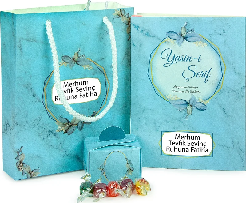 İhvan Ihvan 10 Pieces Personalized Yasin Book Set with Bag and Candy Mevlid Gift 64 Pages Blue