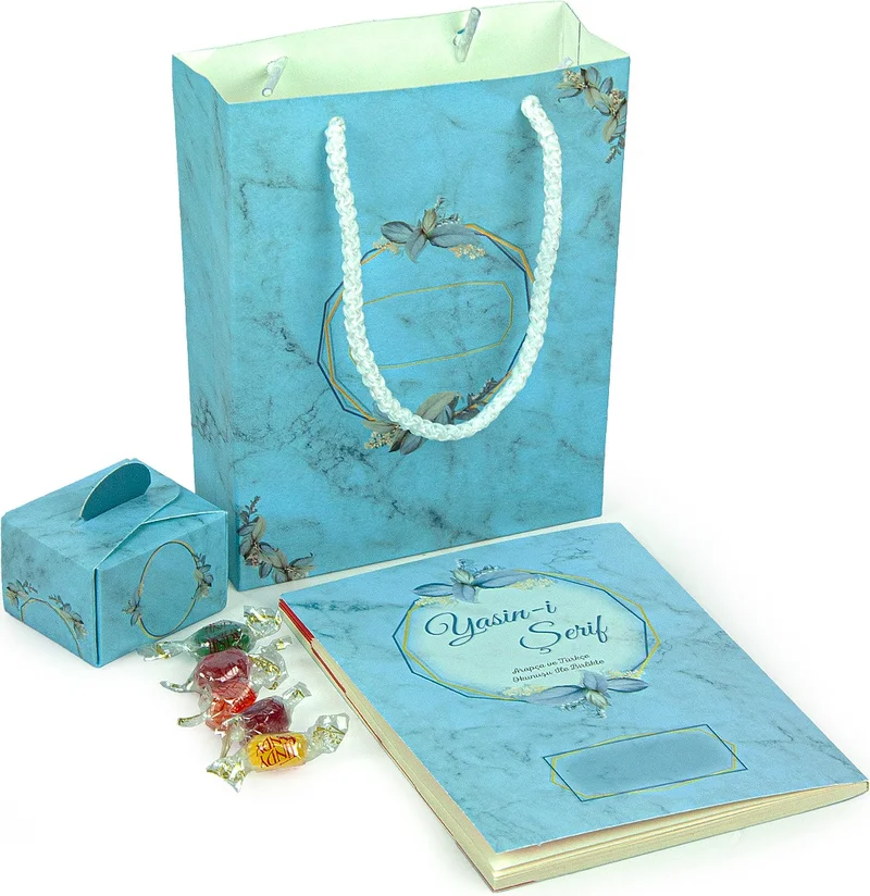 İhvan Ihvan 10 Pieces Personalized Yasin Book Set with Bag and Candy Mevlid Gift 64 Pages Blue