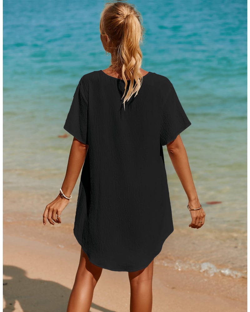 SimpleFun Beach Cover Ups for Women V Neck Flowy Dresses for Cover Up Short Sleeve Swimsuit Coverup for Cruise Vacation Black L - Image 4