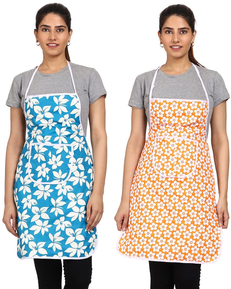 JMi Cotton Floral Print Fabric Waterproof Apron with Long Ties and Multipurpose Front Large Pocket For Cooking Dusting Home Kitchen Restaurant for Men & Women Unisex Apron. Pack of 2 (Multicolor) - Image 1
