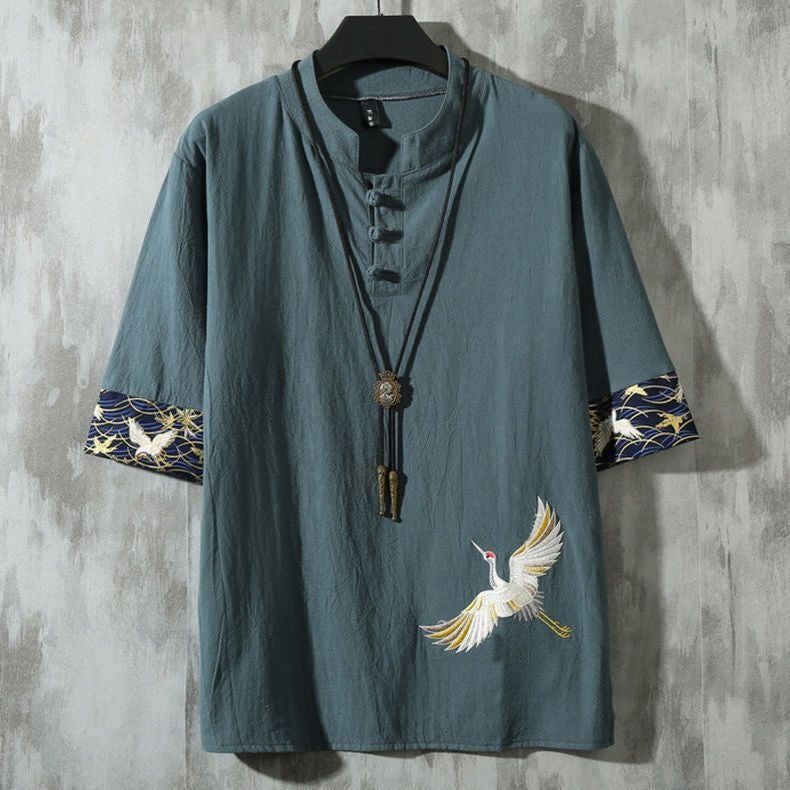 Linen Half Sleeve Men's Loose Chinese Style Crane Embroidered T-Shirt Cotton Linen plus size Fat Man Half Sleeve Summer Fashionable - Image 1