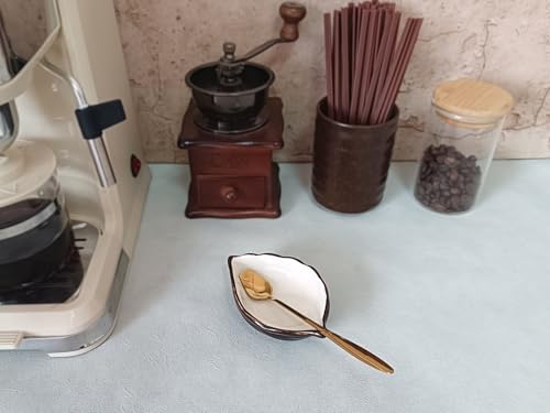 TOPYOKK Coffee Spoon and Rest for Coffee Bar Accessories, Leaf Small Spoon Rest for Coffee Station, Tea Spoon Rest Tea Spoon Holder Teaspoon Rest, 1 PC (Ice Cracks Cream White with Gold Rose Spoon) - Image 3