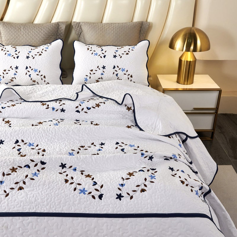 Tricolor Floral Embroidered Quilt Cover Set Full Queen Size 3 Pieces - Image 1