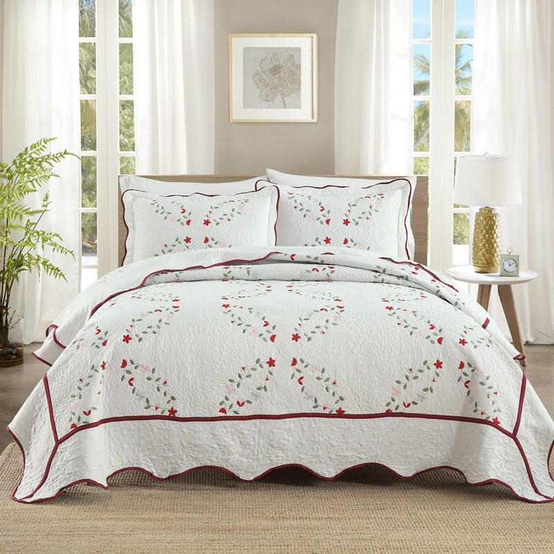 Tricolor Floral Embroidered Quilt Cover Set Full Queen Size 3 Pieces - Image 3