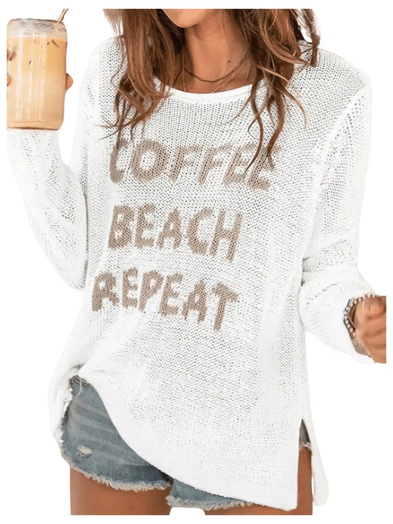 Verdusa Women's Beach Cover Up Sweaters Letter Print Long Sleeve Crochet Crew Neck Knit Sweater Summer Tops White Medium - Image 1