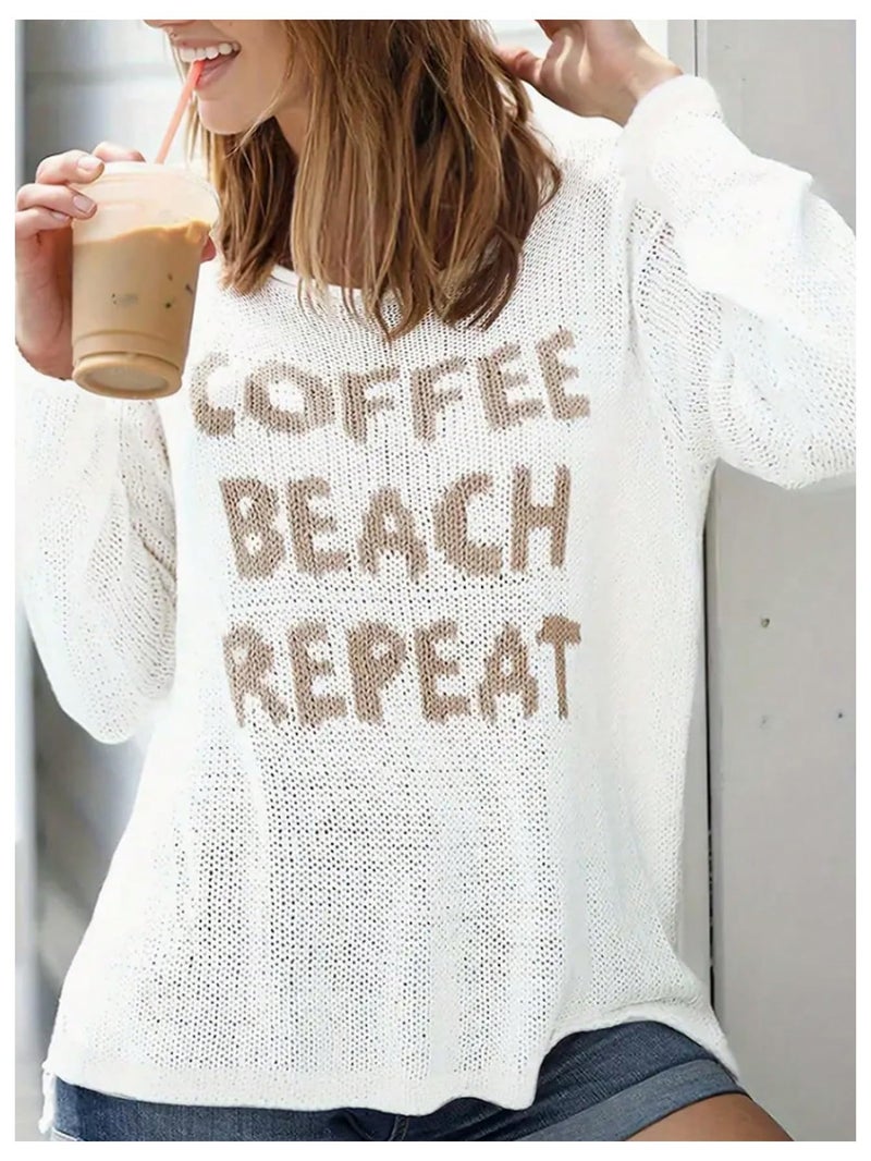 Verdusa Women's Beach Cover Up Sweaters Letter Print Long Sleeve Crochet Crew Neck Knit Sweater Summer Tops White Medium - Image 3