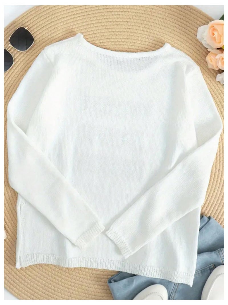 Verdusa Women's Beach Cover Up Sweaters Letter Print Long Sleeve Crochet Crew Neck Knit Sweater Summer Tops White Medium - Image 2