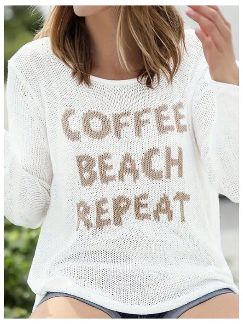 Verdusa Women's Beach Cover Up Sweaters Letter Print Long Sleeve Crochet Crew Neck Knit Sweater Summer Tops White Medium - Image 4